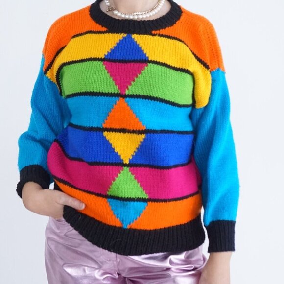 Vintage 80's Rainbow Handmade Knit Geometric Shapes Crewneck Sweater M - Picture 1 of 10